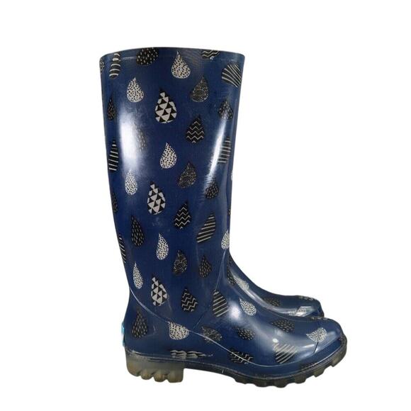 Toms Shoes Womens 7 Rain Boots Rubber Print Pull On Cabrilla Round Toe Blue Tall - Picture 2 of 15
